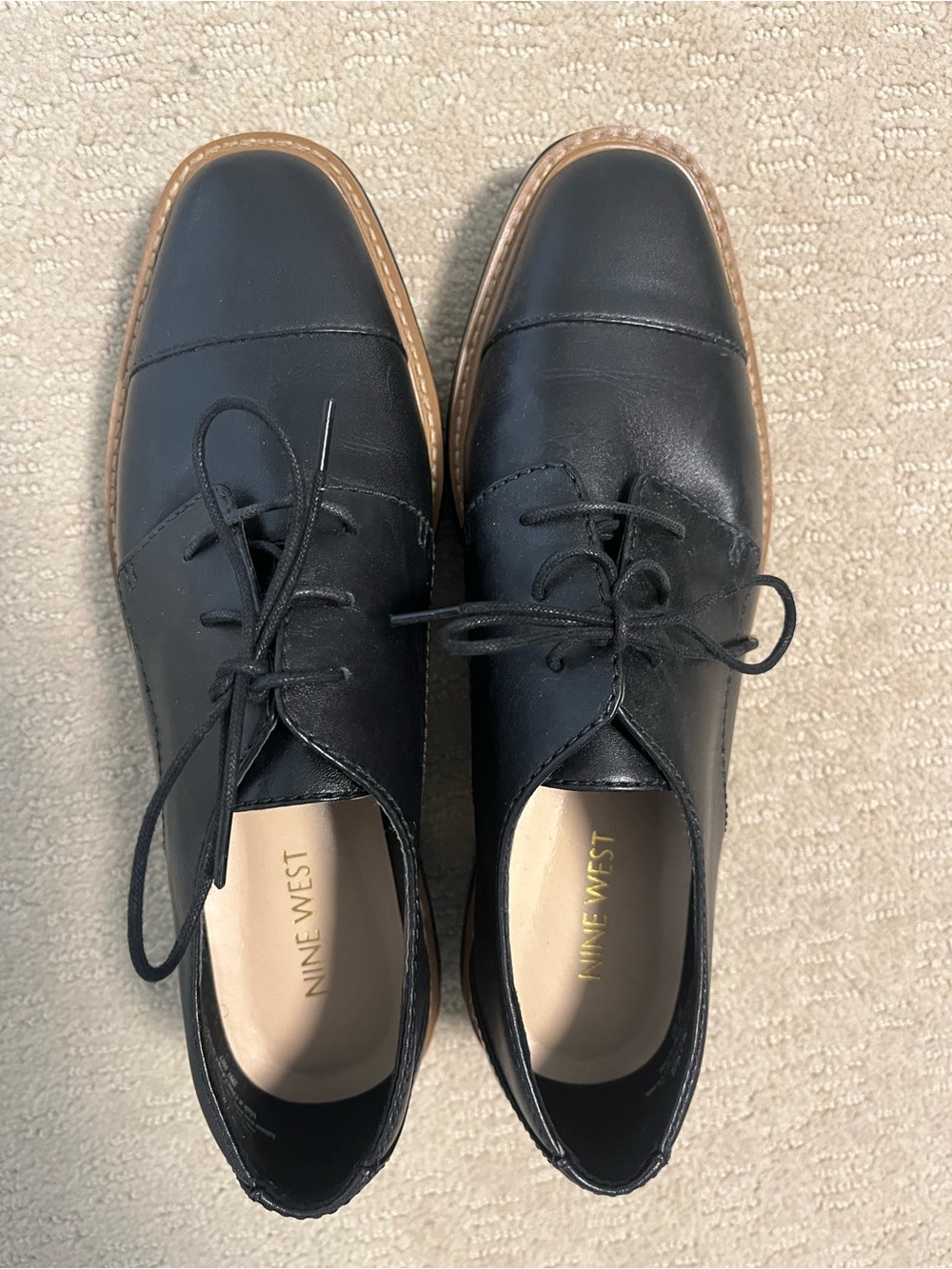 Nine West Black Leather Derby Shoes with Brown Trim